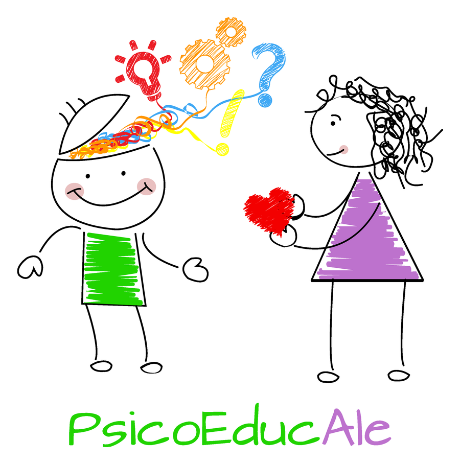 Logotipo de PsicoEducAle: un niño lleno de ideas y una mujer que le ofrece un corazón